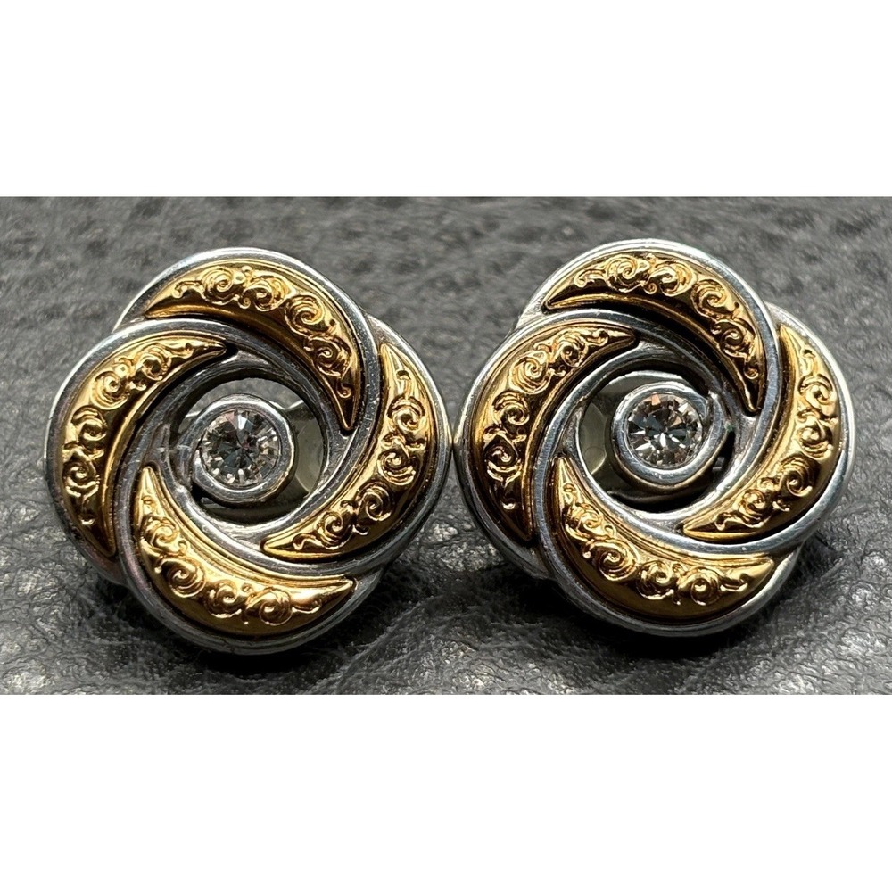 Brighton Two Tone Gold Tone Silver CZ Crystal Round Clip On Earrings Ornate
